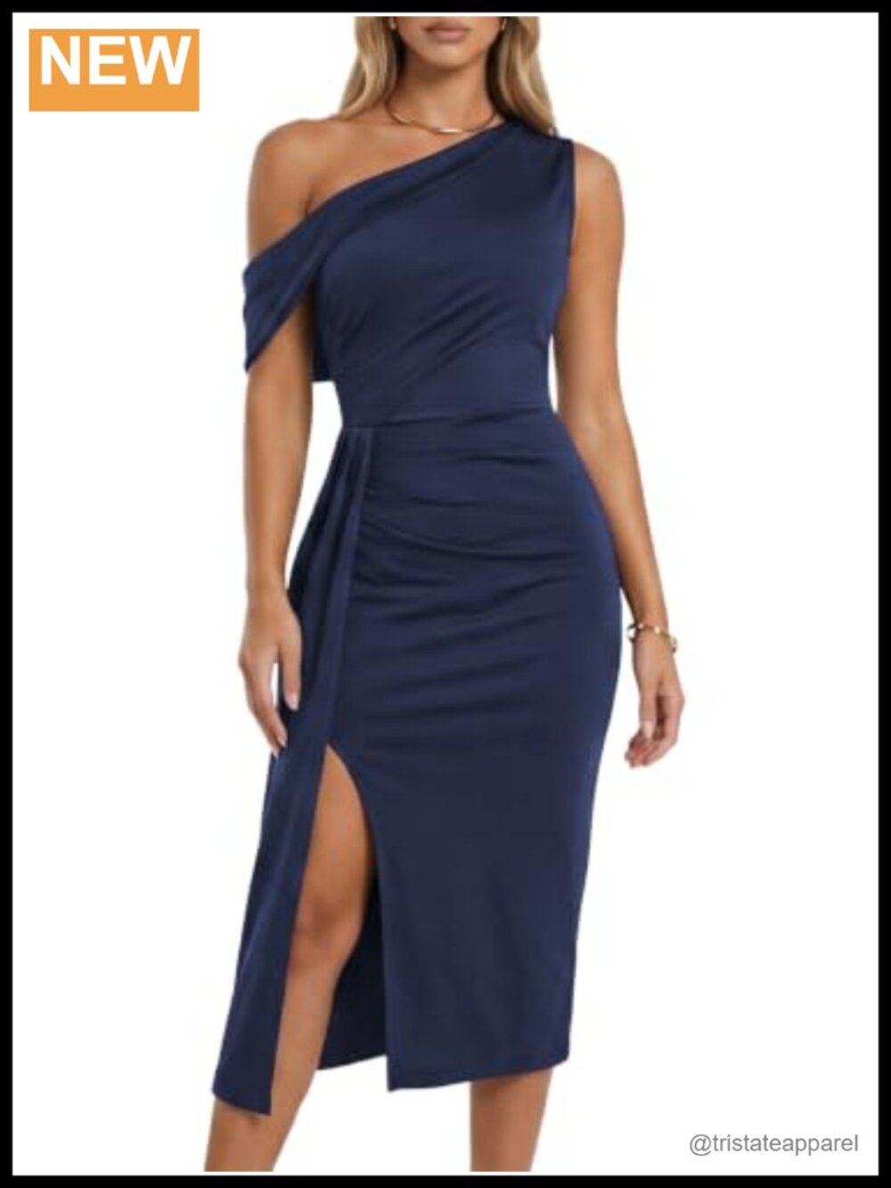 One Shoulder Bodycon Midi Dress Ruffle Slit Party Cocktail